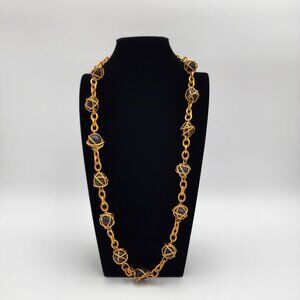 Vtg Gold-Tone Matte Chain Necklace Black Beads Wrapped in Chain Statement